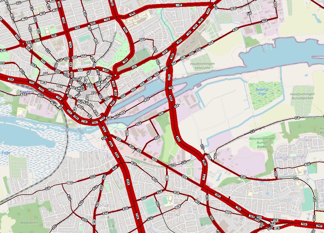 Kort som viser trafiktal i 2030 med Klimabroen